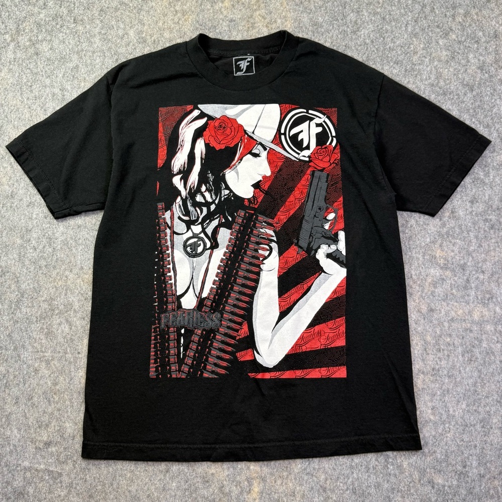 Rare VTG Fearless T-Shirt Adult Sz L Black Graphic Print Short Sleeve Y2K Emo Ar